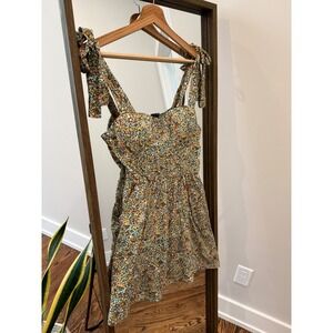 New As You Wish Juniors Floral Print Smocked Bust Tie Shoulder Mini Dress Size M